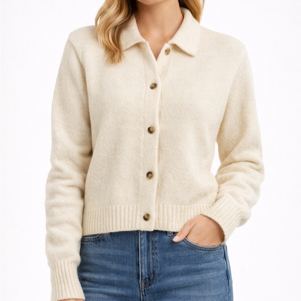 & Other Stories Cream button down wool knit cardigan with balloon sleeves